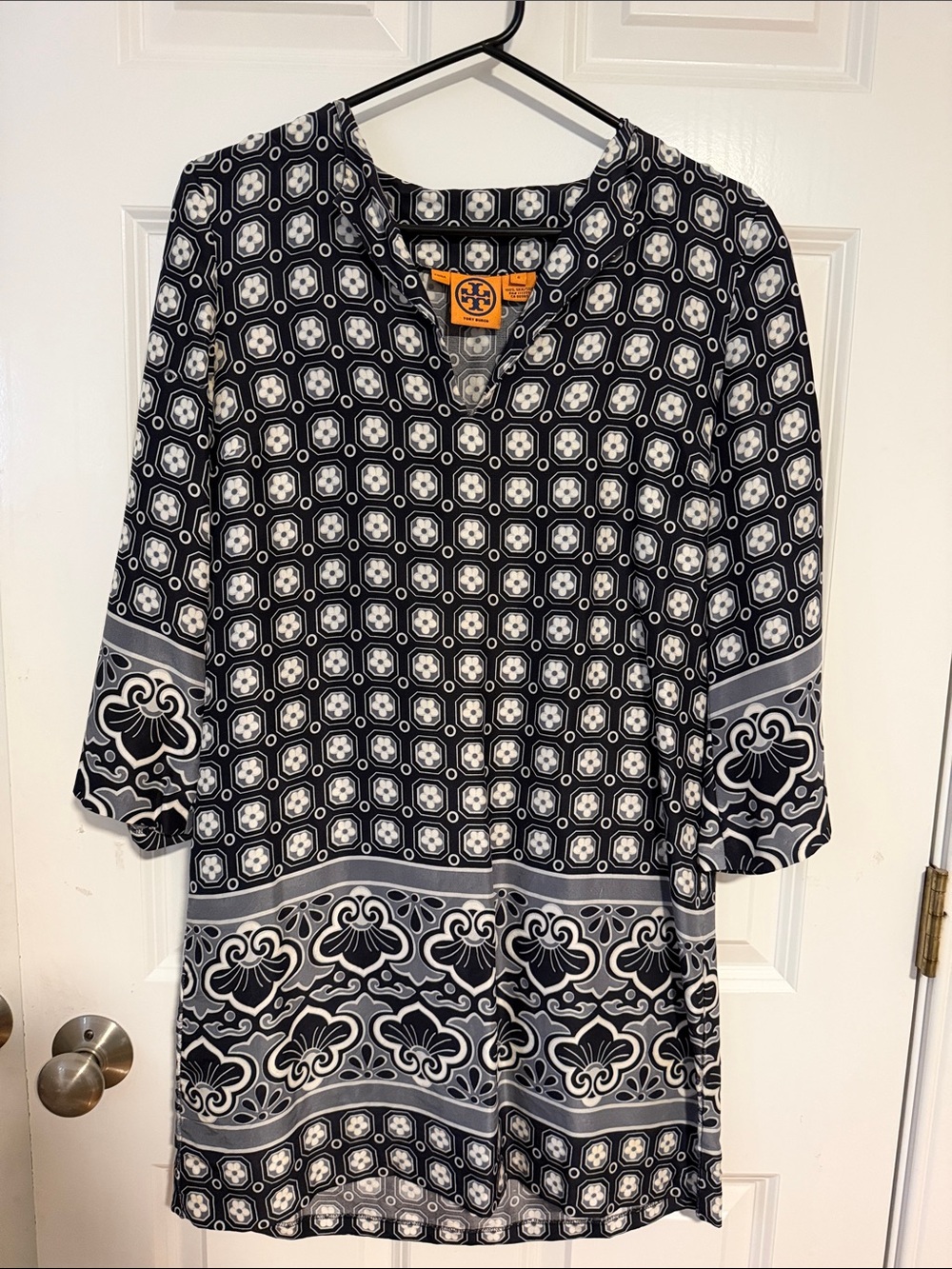 Tory Burch Black and White Patterned Border-Print Tunic